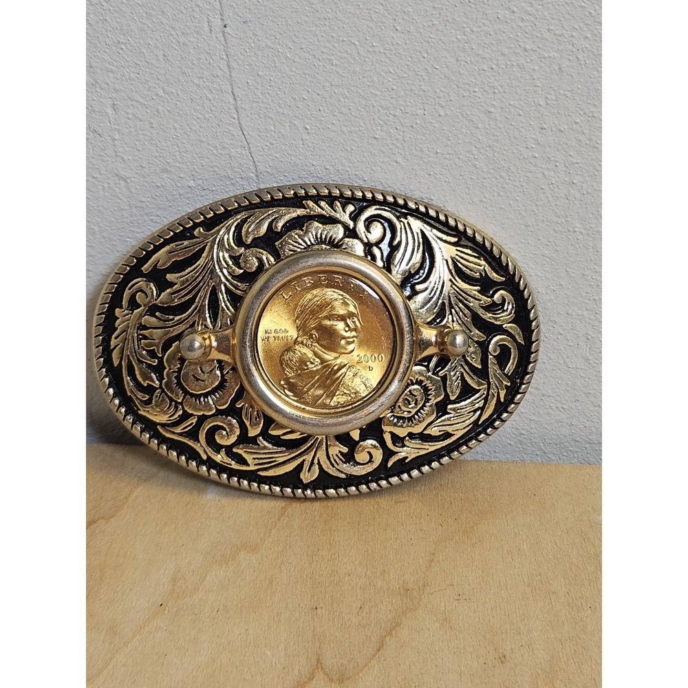 Vintage Western Floral Belt Buckle 2000 Sacagawea Dollar Coin Made in USA